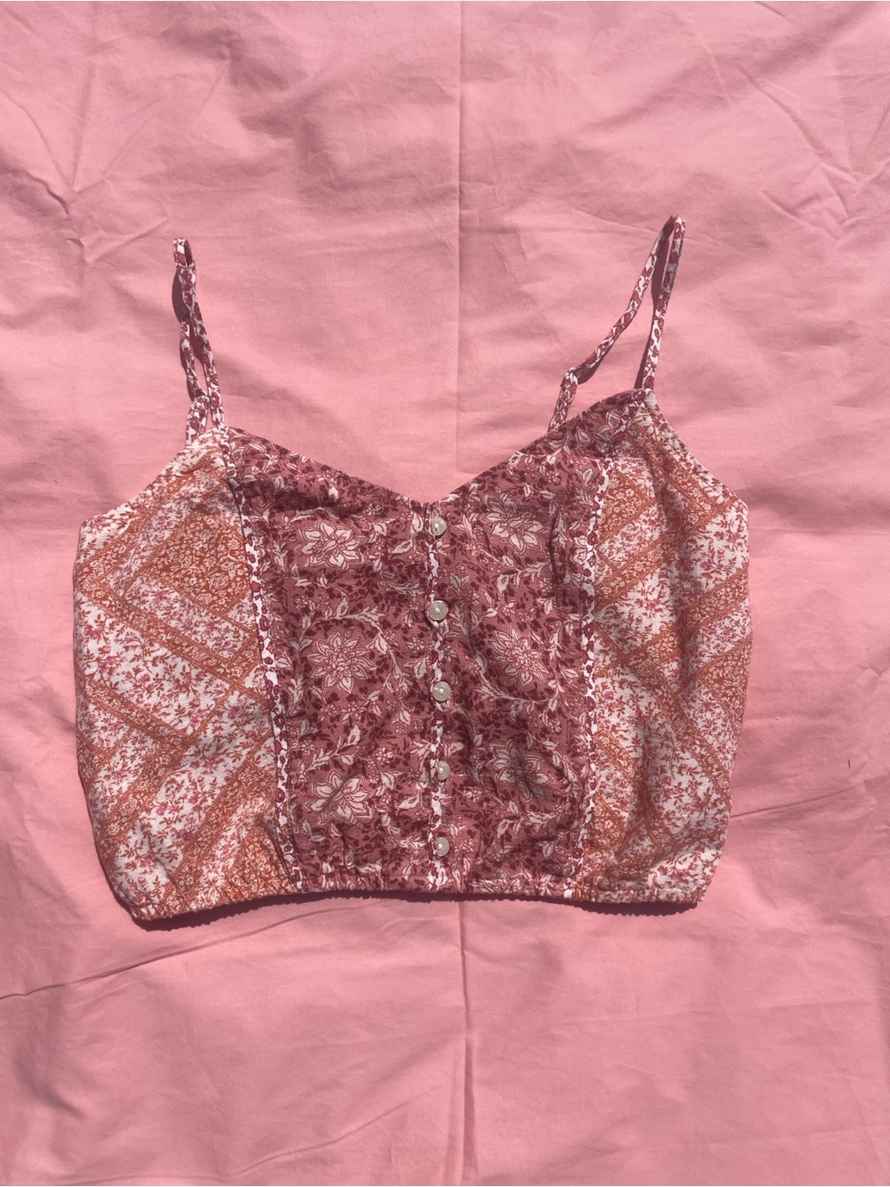 Boho Paisley Pink Linen Cotton Blend Crop Top XS Ren Faire Cottagecore
